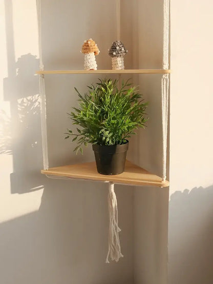 Boho black wooden corner shelf living room macrame wall decor
