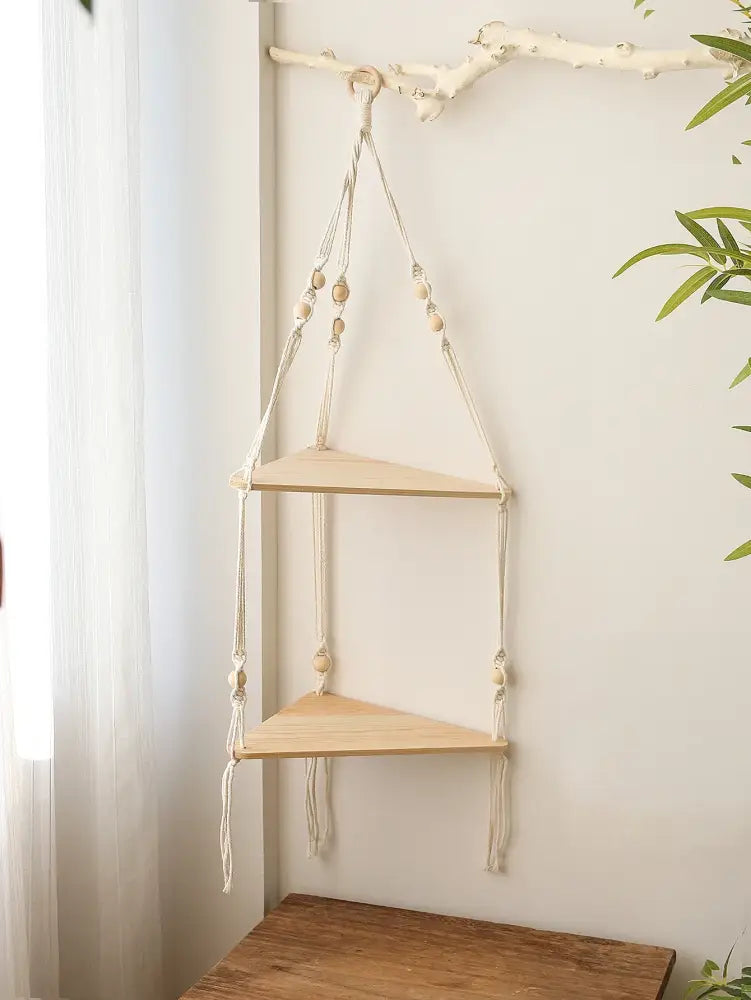 Boho black wooden corner shelf living room macrame wall decor