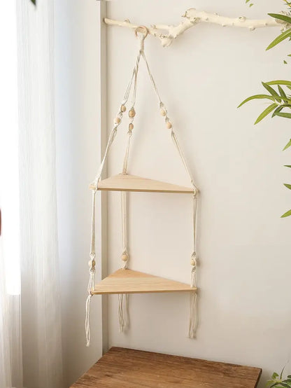 Boho black wooden corner shelf living room macrame wall decor