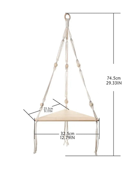 Boho black wooden corner shelf living room macrame wall decor