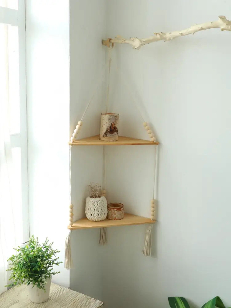 Boho black wooden corner shelf living room macrame wall decor