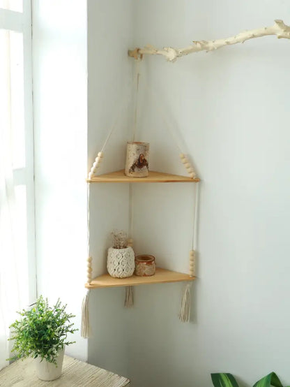 Boho black wooden corner shelf living room macrame wall decor