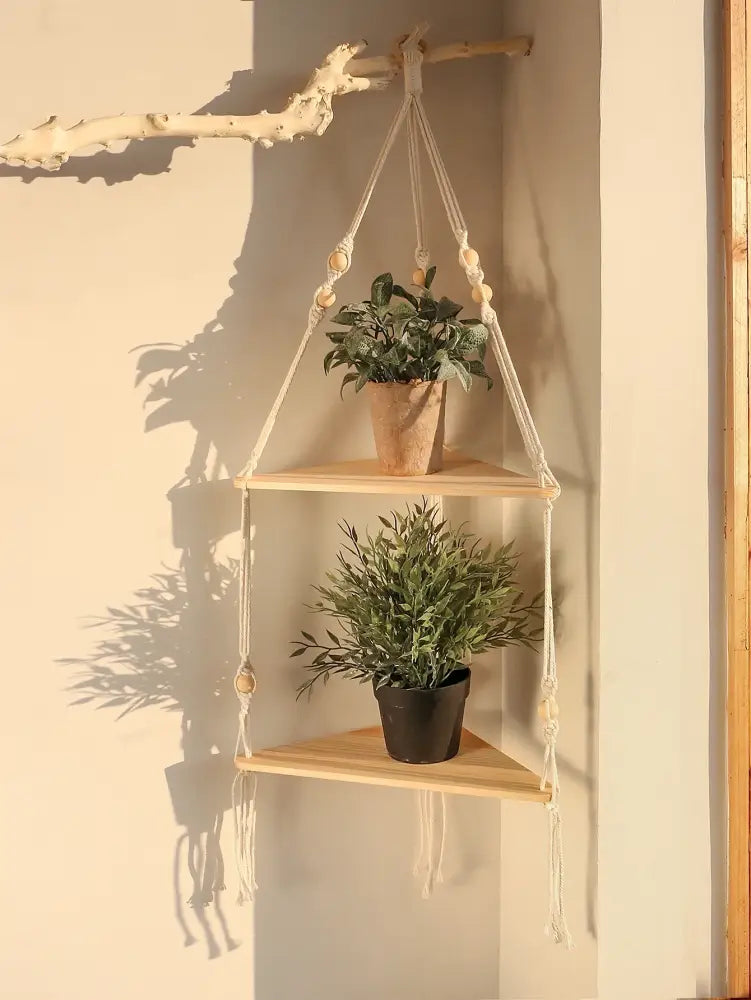 Boho black wooden corner shelf living room macrame wall decor