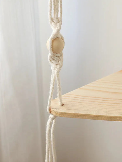 Boho black wooden corner shelf living room macrame wall decor