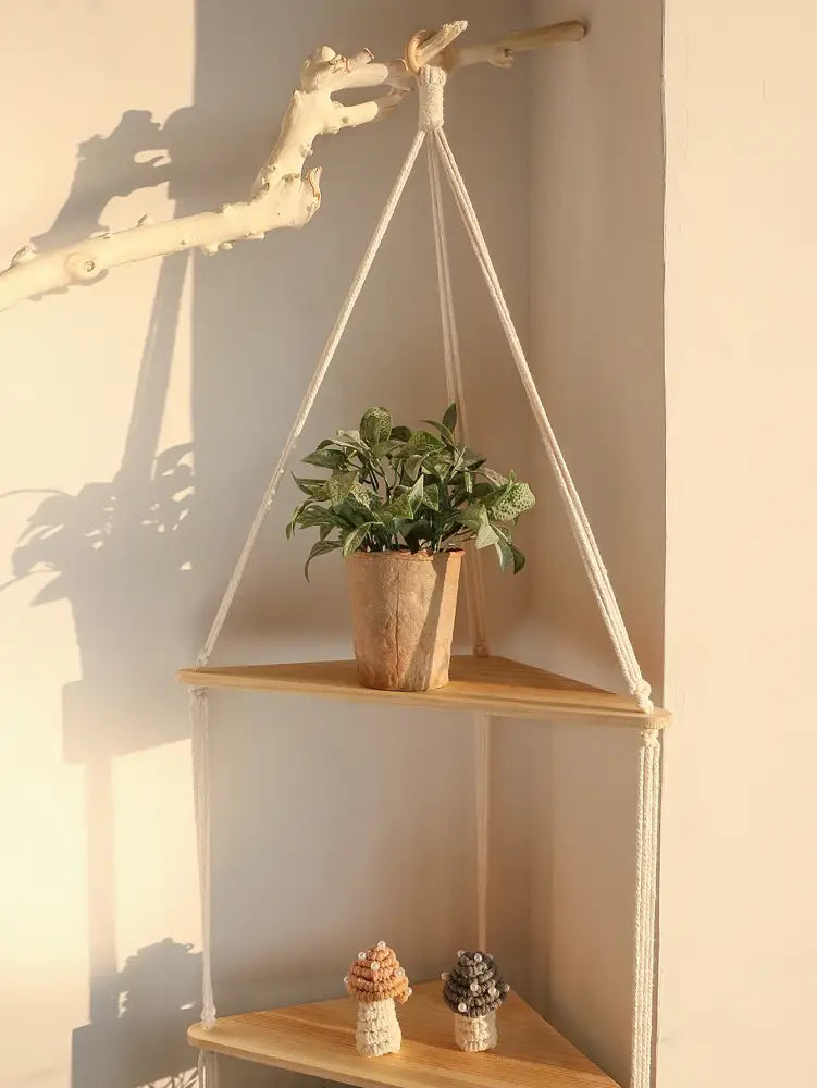 Boho black wooden corner shelf living room macrame wall decor