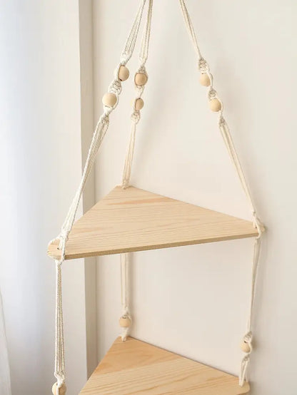 Boho black wooden corner shelf living room macrame wall decor