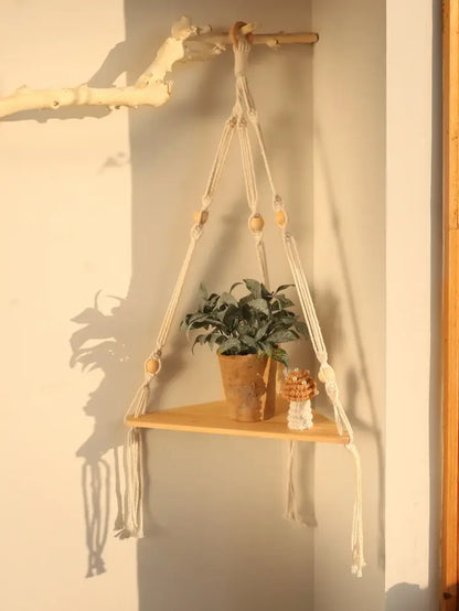 Boho black wooden corner shelf living room macrame wall decor