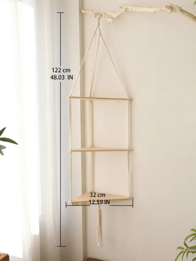 Boho black wooden corner shelf living room macrame wall decor