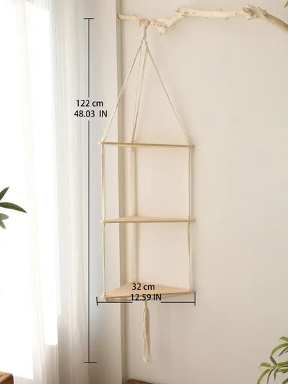 Boho black wooden corner shelf living room macrame wall decor