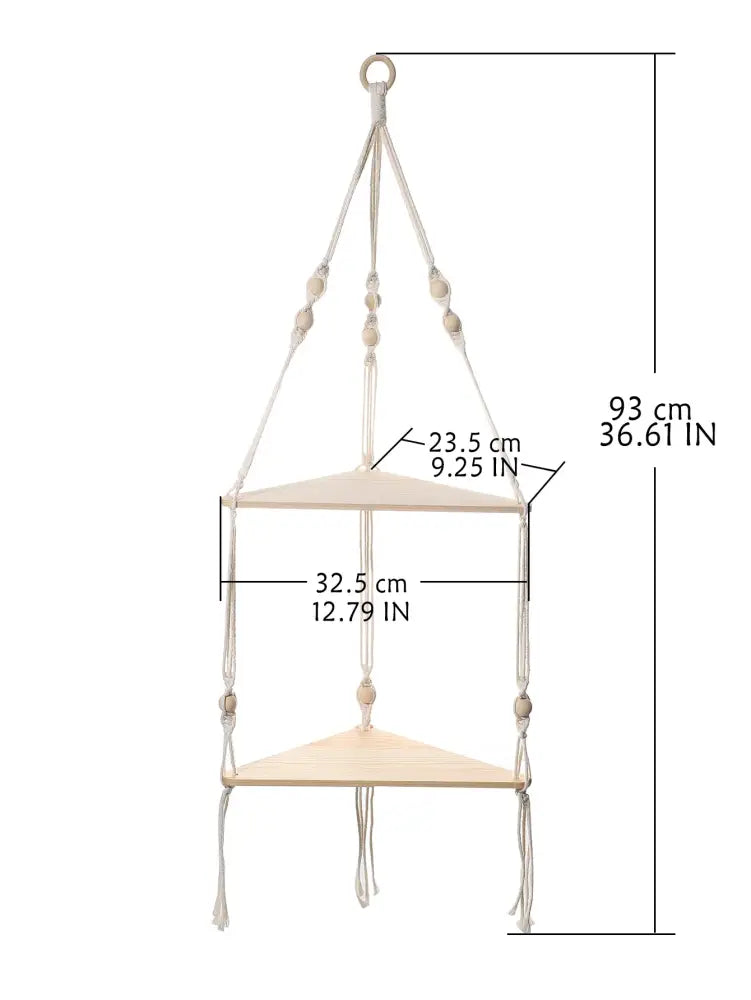 Boho black wooden corner shelf living room macrame wall decor