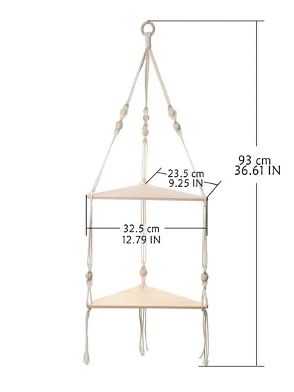 Boho black wooden corner shelf living room macrame wall decor