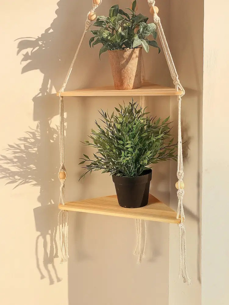 Boho black wooden corner shelf living room macrame wall decor