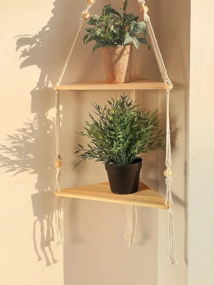Boho black wooden corner shelf living room macrame wall decor
