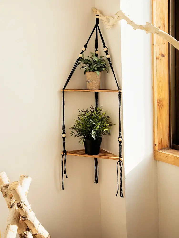 Boho black wooden corner shelf living room macrame wall decor