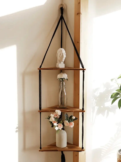 Boho black wooden corner shelf living room macrame wall decor