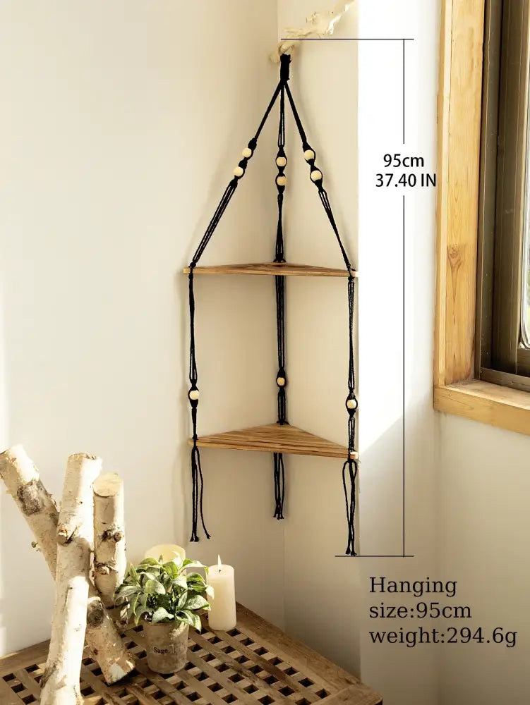 Boho black wooden corner shelf living room macrame wall decor