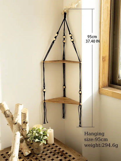 Boho black wooden corner shelf living room macrame wall decor