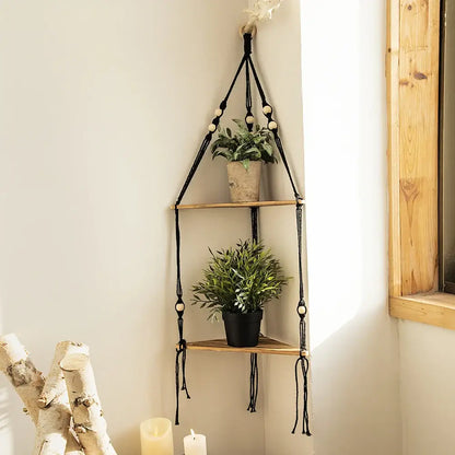 Boho black wooden corner shelf living room macrame wall decor