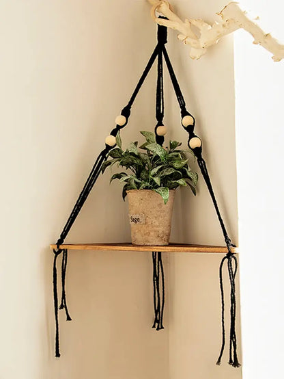 Boho black wooden corner shelf living room macrame wall decor