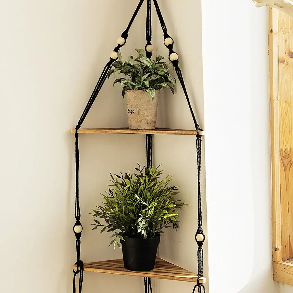 Boho black wooden corner shelf living room macrame wall decor