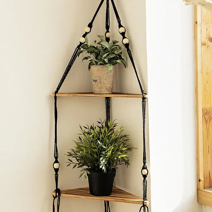 Boho black wooden corner shelf living room macrame wall decor
