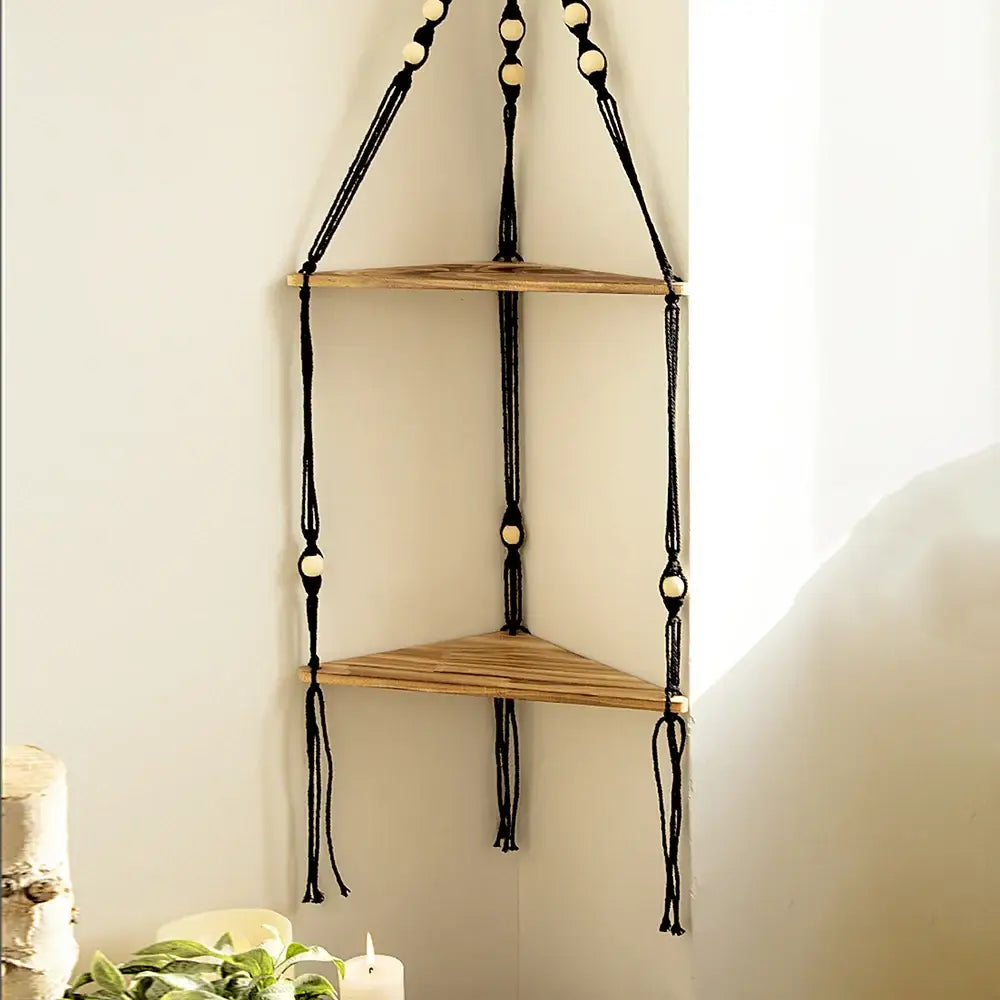 Boho black wooden corner shelf living room macrame wall decor