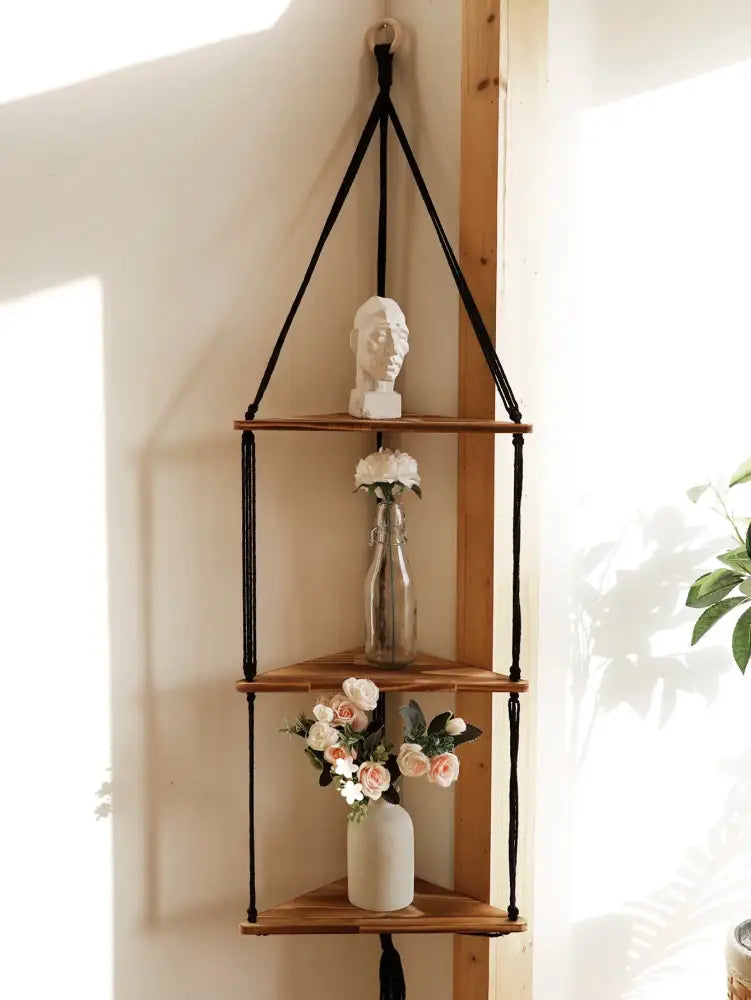Boho black wooden corner shelf living room macrame wall decor