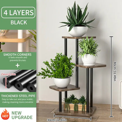 Rustic wood and black metal tiered plant stand living room shelf