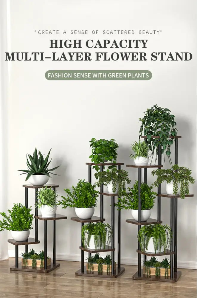 Rustic wood and black metal tiered plant stand living room shelf