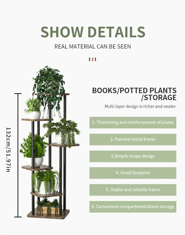 Rustic wood and black metal tiered plant stand living room shelf