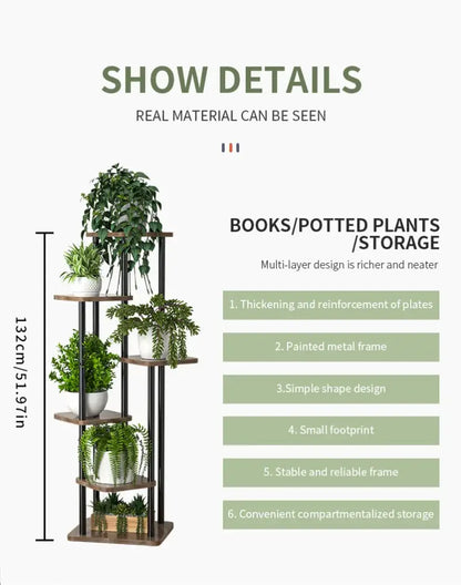 Rustic wood and black metal tiered plant stand living room shelf