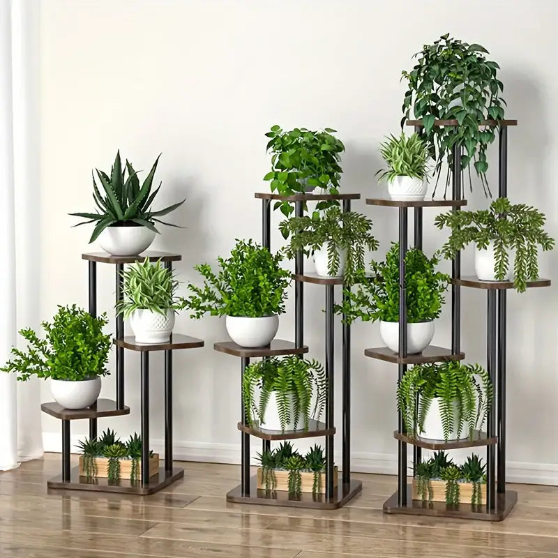 Rustic wood and black metal tiered plant stand living room shelf