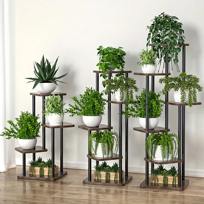 Rustic wood and black metal tiered plant stand living room shelf
