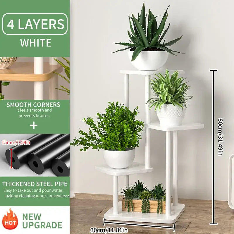 Rustic wood and black metal tiered plant stand living room shelf