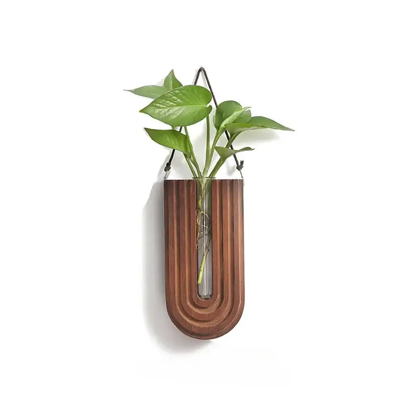 Modern grooved wooden flower vase wall mount set living room decor