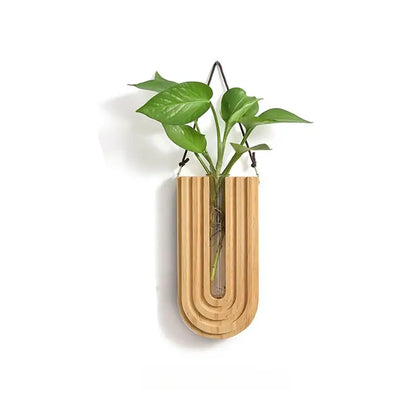 Modern grooved wooden flower vase wall mount set living room decor