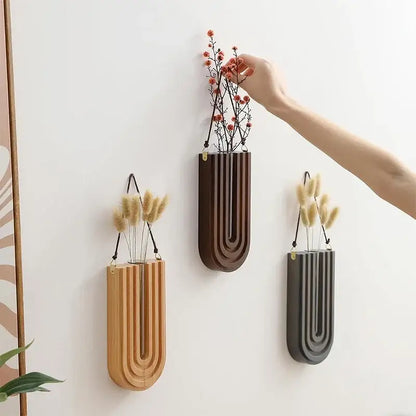 Modern grooved wooden flower vase wall mount set living room decor