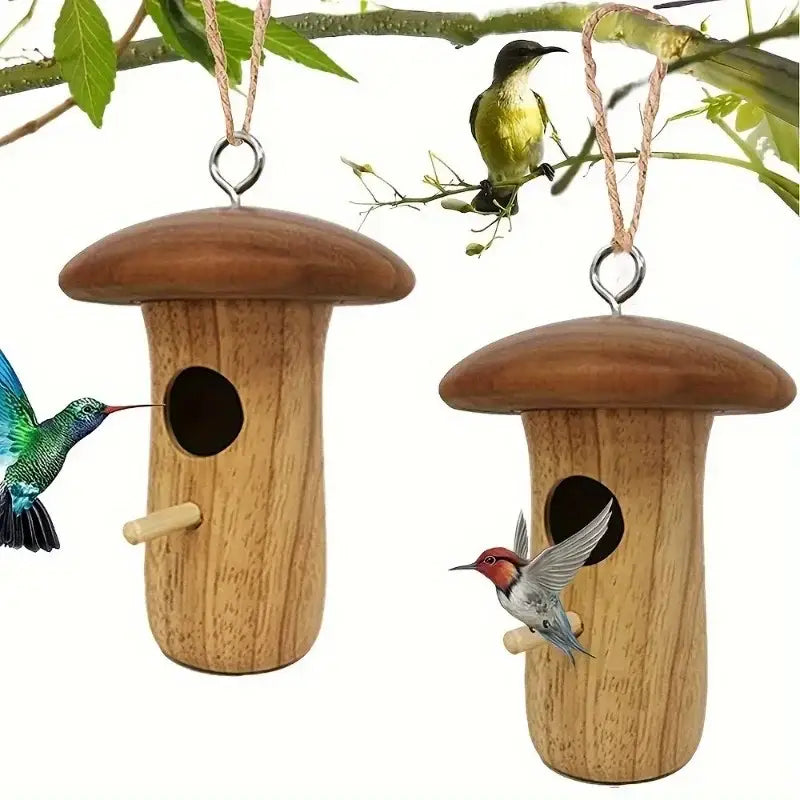 Mushroom wooden hanging hummingbird house outdoor garden decor