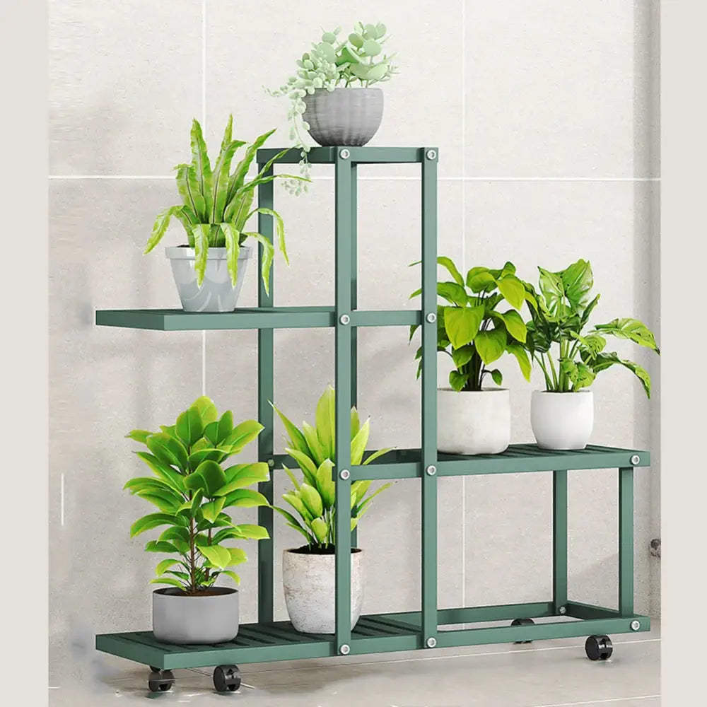 White wrought iron plant stand with wheels living room shelf