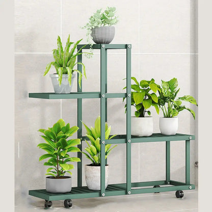 White wrought iron plant stand with wheels living room shelf