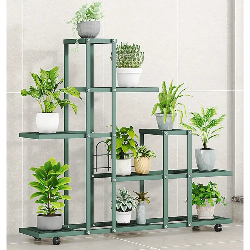 White wrought iron plant stand with wheels living room shelf