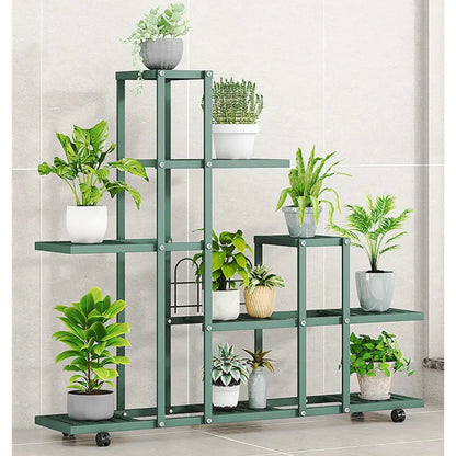 White wrought iron plant stand with wheels living room shelf