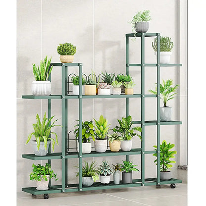 White wrought iron plant stand with wheels living room shelf