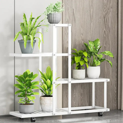 White wrought iron plant stand with wheels living room shelf