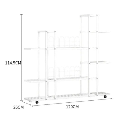 White wrought iron plant stand with wheels living room shelf
