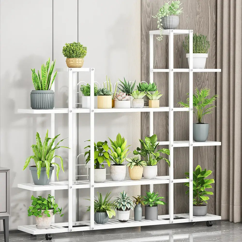White wrought iron plant stand with wheels living room shelf