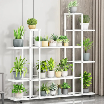White wrought iron plant stand with wheels living room shelf