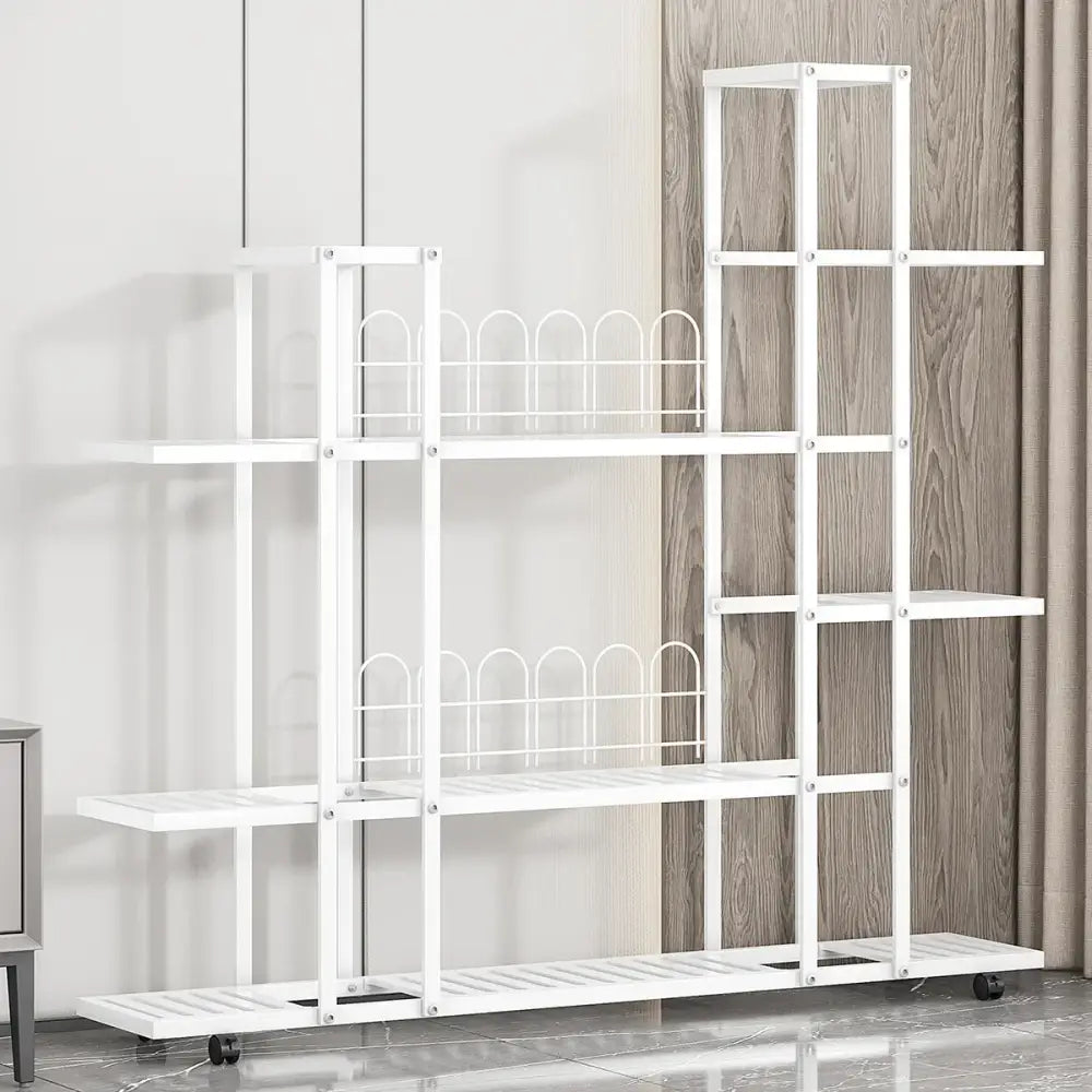 White wrought iron plant stand with wheels living room shelf