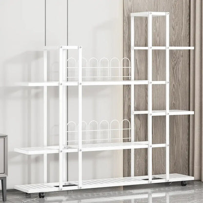 White wrought iron plant stand with wheels living room shelf