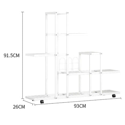 White wrought iron plant stand with wheels living room shelf